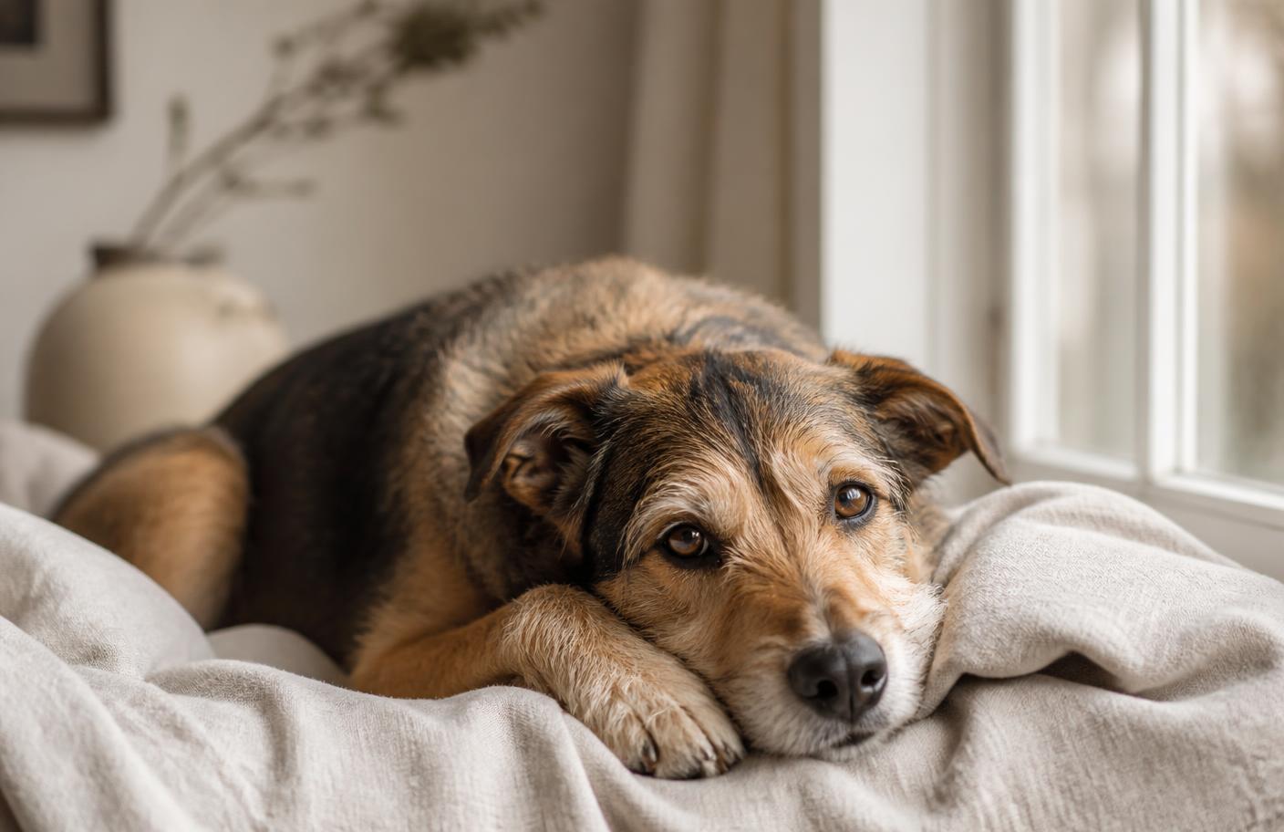 A mixed-breed dog resting calmly on a linen blanket in soft daylight
